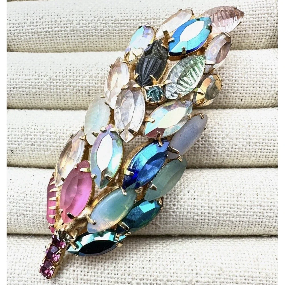 Vintage Juliana Rhinestone Feather Brooch 3.5 AB Aurora borealis Multicolored